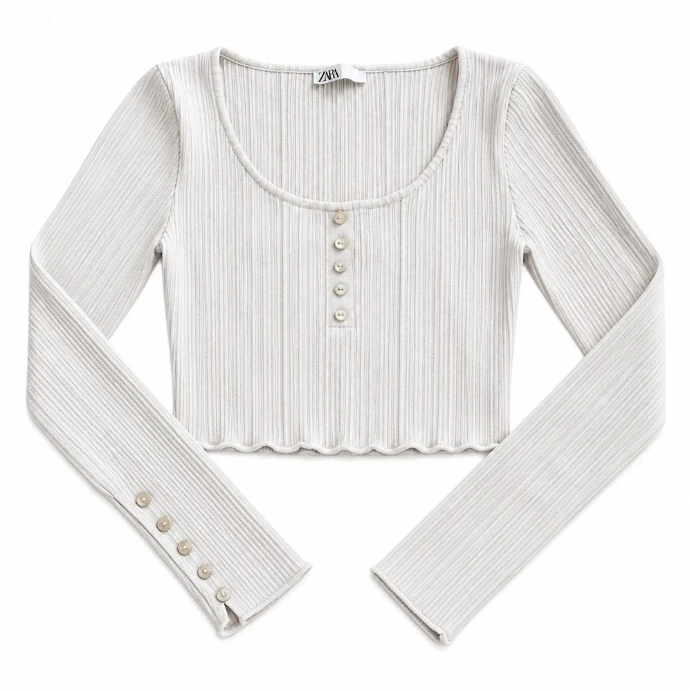 Zara Henley Top Women Large Cream Ribbed Knit Button Cuff Crop Casual Trendy